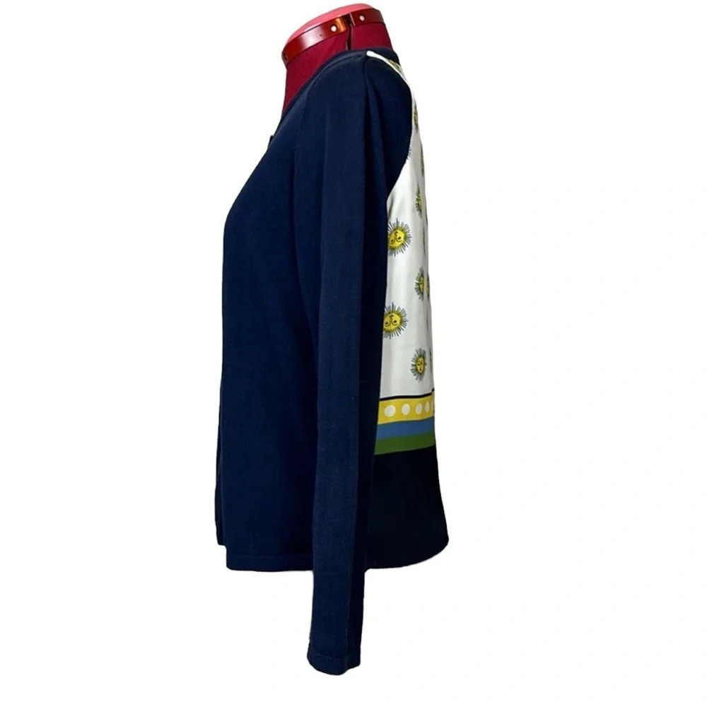 Nice Things navy  long sleeve knit 100% cotton cardigan with a woven fabric back